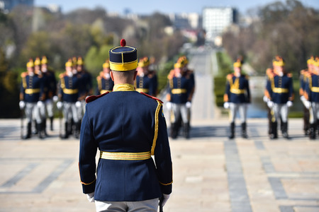 Soldiers from a national guard of honor during a military ceremonyの写真素材