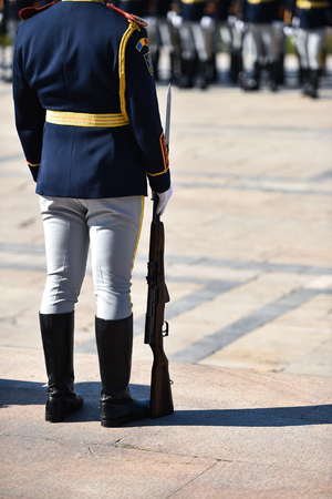 Soldiers from a national guard of honor during a military ceremonyの写真素材