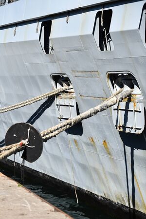 Mooring heavy duty rope used for securing ships in harbor の写真素材