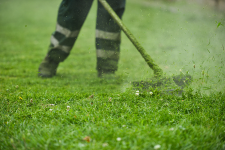 Law mower man trimming grass in the cityの写真素材