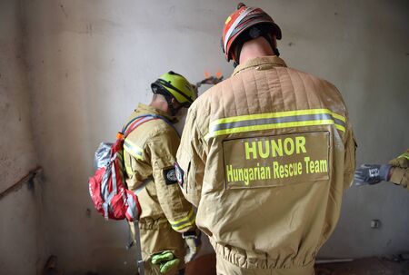 BUCHAREST/ROMANIA - APRIL 10, 2019: Emergency rescue team in action during the most complex medical exercise in the history of NATO, Vigorous Warrior 19, training to provide multinational medical support, strategic medical evacuation, increasing the levelのeditorial素材