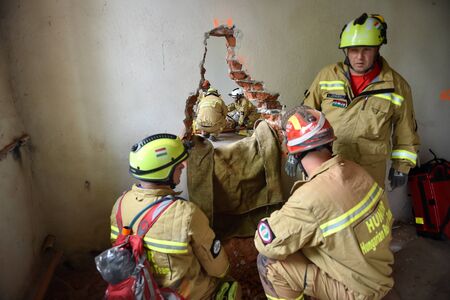 BUCHAREST/ROMANIA - APRIL 10, 2019: Emergency rescue team in action during the most complex medical exercise in the history of NATO, Vigorous Warrior 19, training to provide multinational medical support, strategic medical evacuation, increasing the levelのeditorial素材