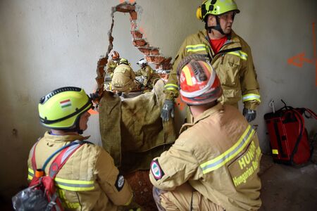 BUCHAREST/ROMANIA - APRIL 10, 2019: Emergency rescue team in action during the most complex medical exercise in the history of NATO, Vigorous Warrior 19, training to provide multinational medical support, strategic medical evacuation, increasing the levelのeditorial素材