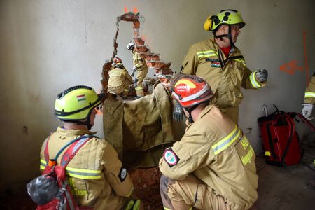 BUCHAREST/ROMANIA - APRIL 10, 2019: Emergency rescue team in action during the most complex medical exercise in the history of NATO, Vigorous Warrior 19, training to provide multinational medical support, strategic medical evacuation, increasing the levelのeditorial素材
