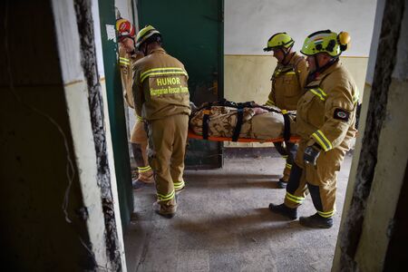 BUCHAREST/ROMANIA - APRIL 10, 2019: Emergency rescue team in action during the most complex medical exercise in the history of NATO, Vigorous Warrior 19, training to provide multinational medical support, strategic medical evacuation, increasing the levelのeditorial素材