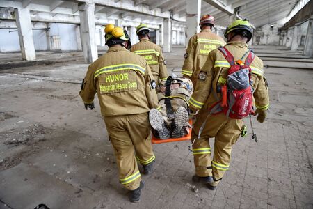 BUCHAREST/ROMANIA - APRIL 10, 2019: Emergency rescue team in action during the most complex medical exercise in the history of NATO, Vigorous Warrior 19, training to provide multinational medical support, strategic medical evacuation, increasing the levelのeditorial素材