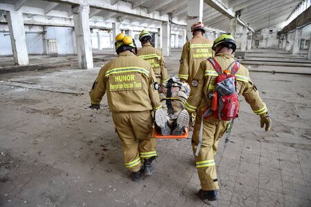 BUCHAREST/ROMANIA - APRIL 10, 2019: Emergency rescue team in action during the most complex medical exercise in the history of NATO, Vigorous Warrior 19, training to provide multinational medical support, strategic medical evacuation, increasing the levelのeditorial素材