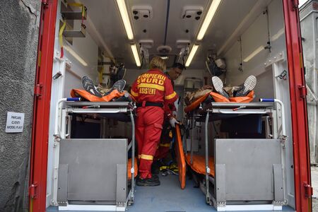 BUCHAREST/ROMANIA - APRIL 10, 2019: Emergency rescue team in action during the most complex medical exercise in the history of NATO, Vigorous Warrior 19, training to provide multinational medical support, strategic medical evacuation, increasing the levelのeditorial素材