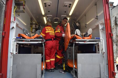 BUCHAREST/ROMANIA - APRIL 10, 2019: Emergency rescue team in action during the most complex medical exercise in the history of NATO, Vigorous Warrior 19, training to provide multinational medical support, strategic medical evacuation, increasing the levelのeditorial素材