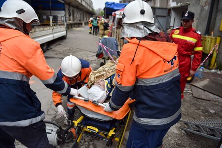 BUCHAREST/ROMANIA - APRIL 10, 2019: Emergency rescue team in action during the most complex medical exercise in the history of NATO, Vigorous Warrior 19, training to provide multinational medical support, strategic medical evacuation, increasing the levelのeditorial素材