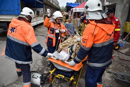 BUCHAREST/ROMANIA - APRIL 10, 2019: Emergency rescue team in action during the most complex medical exercise in the history of NATO, Vigorous Warrior 19, training to provide multinational medical support, strategic medical evacuation, increasing the levelのeditorial素材