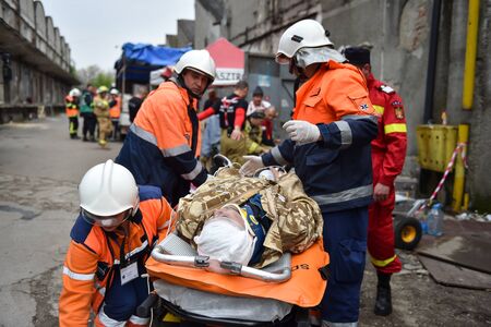 BUCHAREST/ROMANIA - APRIL 10, 2019: Emergency rescue team in action during the most complex medical exercise in the history of NATO, Vigorous Warrior 19, training to provide multinational medical support, strategic medical evacuation, increasing the levelのeditorial素材