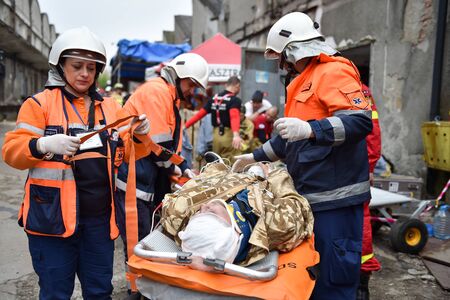BUCHAREST/ROMANIA - APRIL 10, 2019: Emergency rescue team in action during the most complex medical exercise in the history of NATO, Vigorous Warrior 19, training to provide multinational medical support, strategic medical evacuation, increasing the levelのeditorial素材