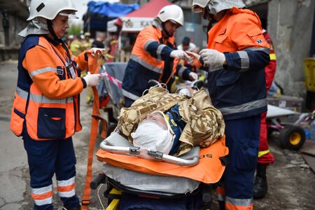BUCHAREST/ROMANIA - APRIL 10, 2019: Emergency rescue team in action during the most complex medical exercise in the history of NATO, Vigorous Warrior 19, training to provide multinational medical support, strategic medical evacuation, increasing the levelのeditorial素材