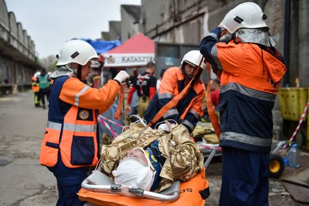 BUCHAREST/ROMANIA - APRIL 10, 2019: Emergency rescue team in action during the most complex medical exercise in the history of NATO, Vigorous Warrior 19, training to provide multinational medical support, strategic medical evacuation, increasing the levelのeditorial素材