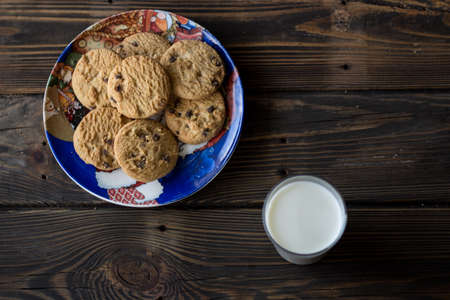 Top view of a cookies and glass of milkの写真素材