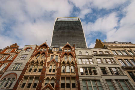 Sky Garden, London's highest public garden visible from the street with residential buildings, blue sky, cloudsの写真素材