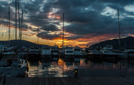 Sunset in marina Porto Montenegro, Tivat, Montenegroの写真素材
