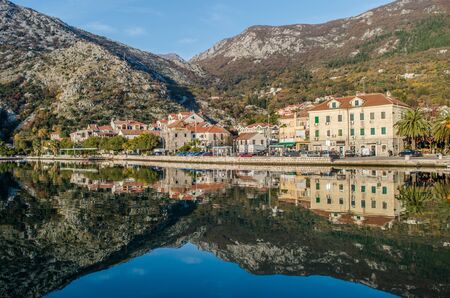 View on town of Risan, Montenegro, reflectionの写真素材