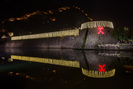 Christmas illumination and decoration in old town Kotorの写真素材