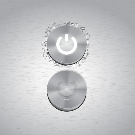 Metal power button with white light and other doodle design elementsのイラスト素材
