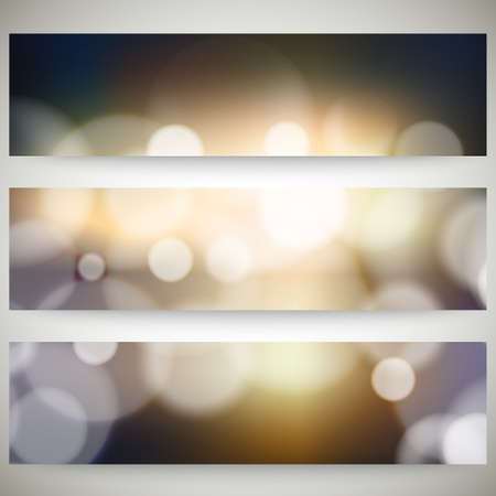 Blurry backgrounds set with bokeh effect. Abstract banners set, template vector.のイラスト素材