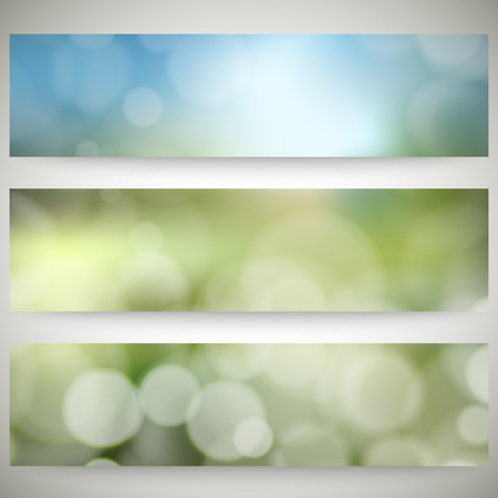 Blurry backgrounds set with bokeh effect. Abstract banners set, template vector.のイラスト素材