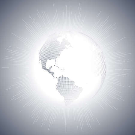 Dotted world globe with vintage style star burst, retro element for your design, vector illustrationのイラスト素材