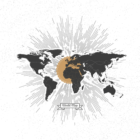 Black political world map with vintage style star burst, retro element for your design.のイラスト素材