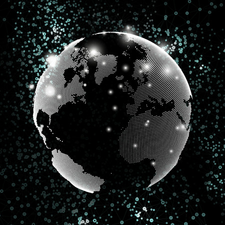 World globe, global network. Molecule structure, black background for communication, science vector illustration.のイラスト素材