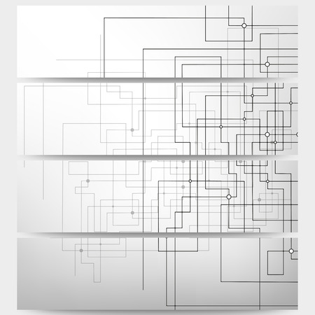 Web banners set, technical construction with connected lines and dots, header layout templates, science vector illustration.のイラスト素材