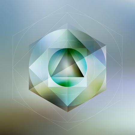 Polygon pattern with the reflection, minimalistic geometric facet crystal logo on blurred background, vector illustration.のイラスト素材
