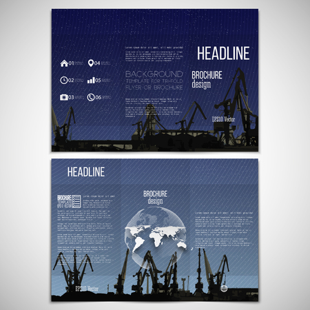 Vector set of tri-fold brochure design template on both sides with world globe element. Shipyard, harbor skyline, dark night style vector illustration.のイラスト素材