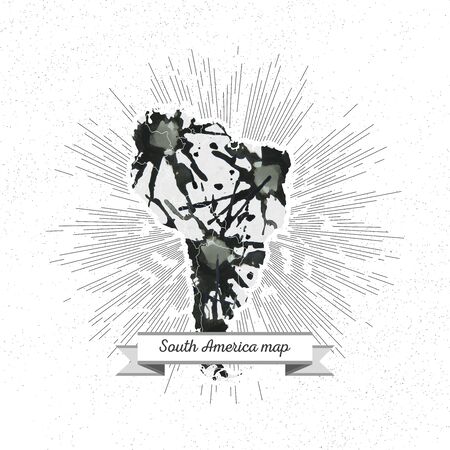 South america map with vintage style star burst, black watercolor background, retro element for your design.のイラスト素材