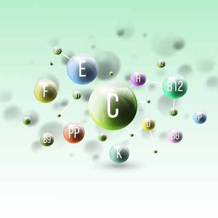 Three dimensional glowing color spheres on green background. Abstract colorful design of vitamins. Scientific or medical template for banner or flyer.のイラスト素材