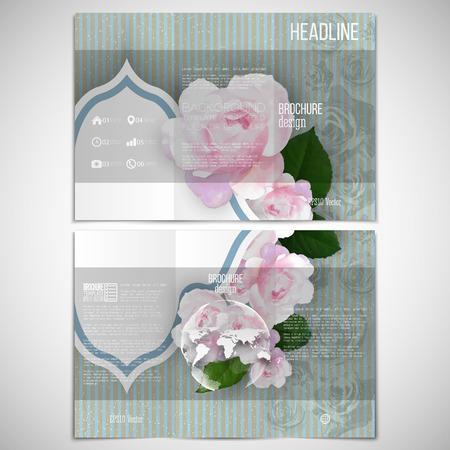Vector set of tri-fold brochure design template on both sides with world globe element. Pink flowers over linear blue background, floral vector pattern.のイラスト素材