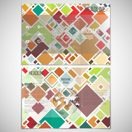 Vector set of tri-fold brochure design template on both sides with world globe element. Abstract colored background, square design vector illustrationのイラスト素材