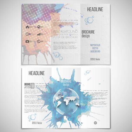 set of tri-fold brochure design template on both sides with world globe element. Abstract hand drawn spotted colorful  backgroundのイラスト素材