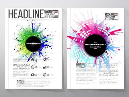 Abstract circle black banners with place for text, watercolor stains and molecular geometric grid.  Business vector templates for brochure, flyer or booklet.のイラスト素材