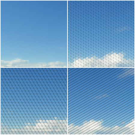 Blue sky with clouds. Collection of abstract multicolored backgrounds. Natural geometrical patterns. Triangular and hexagonal style vector illustration.のイラスト素材