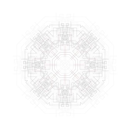Round vector shape, technical construction with connected lines and dots, digital design pattern isolated on white.のイラスト素材