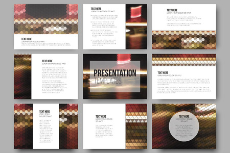 Set of 9 templates for presentation slides. Night lights in the city. Collection of abstract multicolored backgrounds. Natural geometrical patterns. Triangular and hexagonal style vector illustration.のイラスト素材