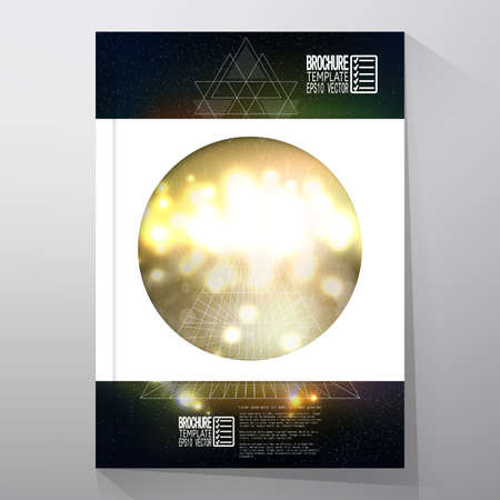Business template for brochure, flyer or booklet. Abstract multicolored background with bokeh lights and stars. Vector 3D pyramid, scientific or digital design, science vector illustrationのイラスト素材