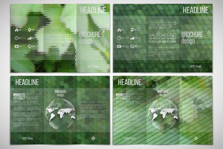 Vector set of tri-fold brochure design template on both sides. Green leaves texture. Abstract multicolored backgrounds. Natural geometrical patterns. Triangular and hexagonal style.のイラスト素材