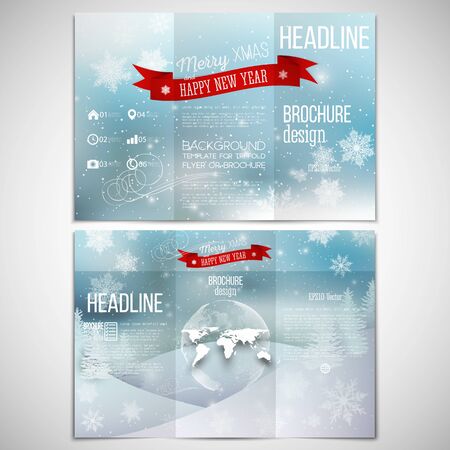 Vector set of tri-fold brochure design template on both sides with world globe element. Merry Christmas and happy New Year vector background.のイラスト素材