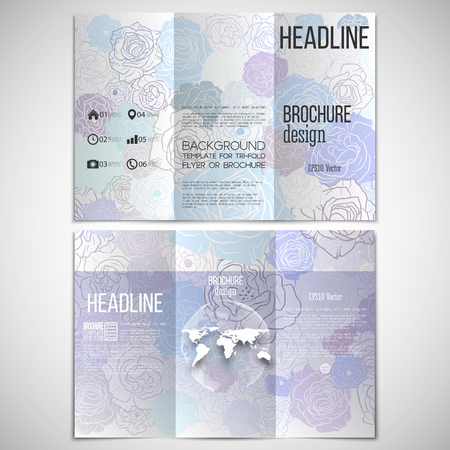 Vector set of tri-fold brochure design template on both sides with world globe element. Hand drawn floral doodle pattern, abstract vector background.のイラスト素材