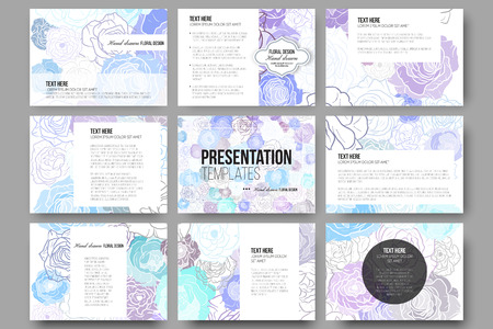 Set of 9 vector templates for presentation slides. Hand drawn floral doodle pattern, abstract vector background.のイラスト素材