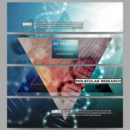 Set of modern vector banners. DNA molecule structure on dark green background. Science vector background.のイラスト素材