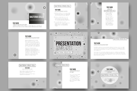 Set of 9 vector templates for presentation slides. Molecular research, illustration of cells in gray, science vector background.のイラスト素材
