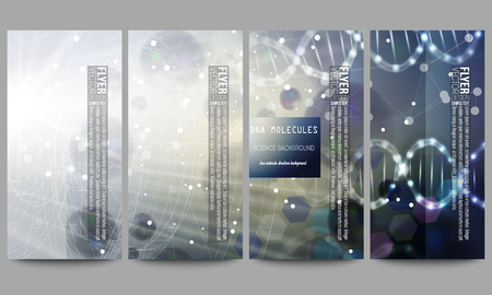 Set of modern vector flyers. DNA molecule structure on dark blue background. Science vector background.のイラスト素材